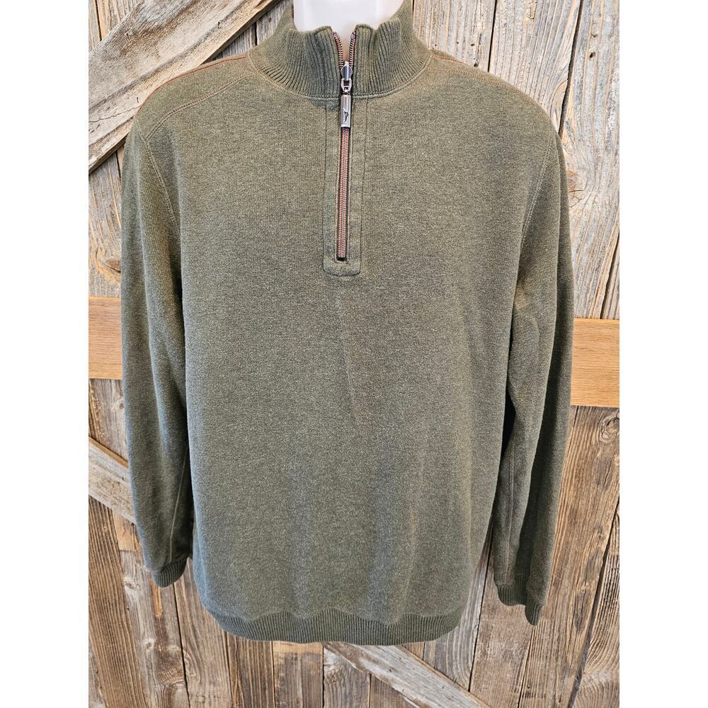 Tommy bahama size L (?) Mens REVERSIBLE 1/4 zip green beige EUC Warm sweater
